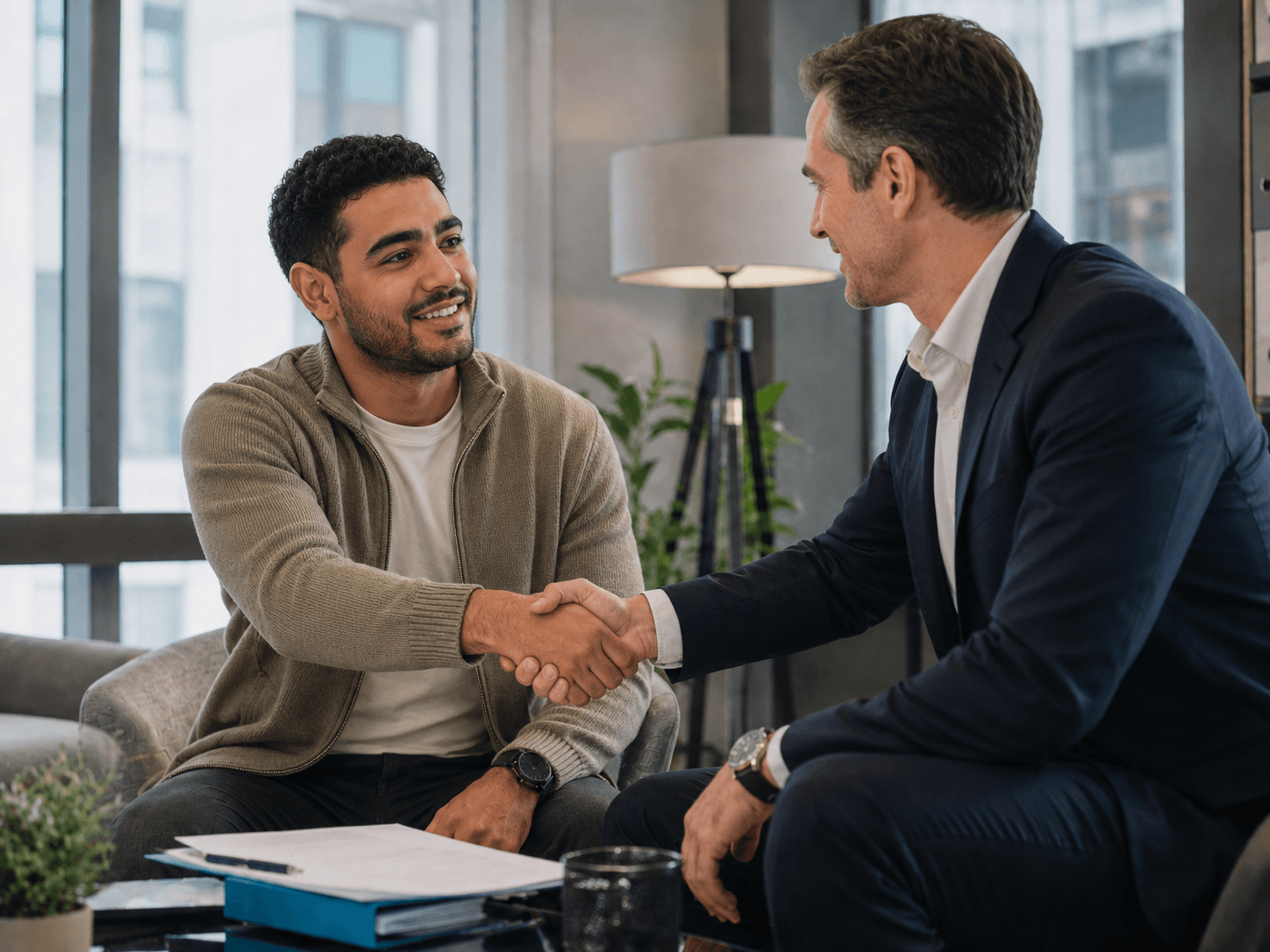 Poignée de main entre conseiller et client